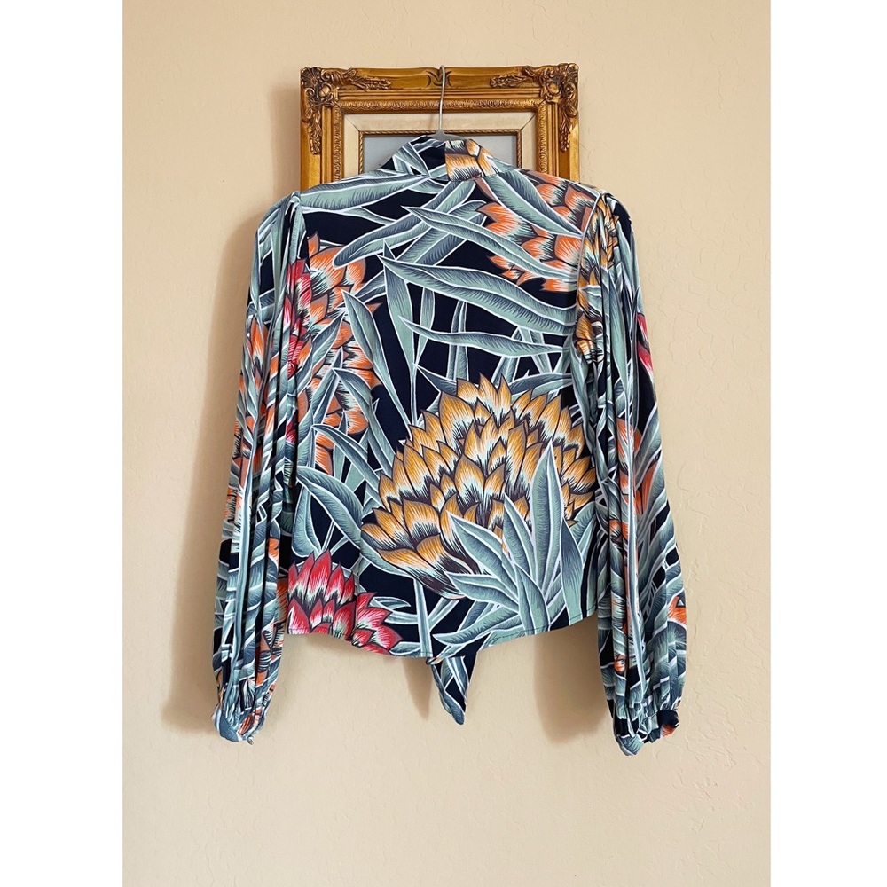 REVOLVE MARA HOFFMAN Black Green Red Tropical Print Tie Neck Deep V Blouse Top - Picture 7 of 15